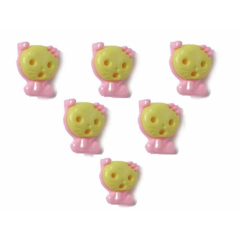 LOT 6 BOUTONS ACRYLIQUES : chat rose/jaune 14*12mm 