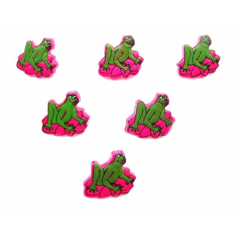 LOT 6 BOUTONS ACRYLIQUES : grenouille verte nenuphar fushia 16*15mm 