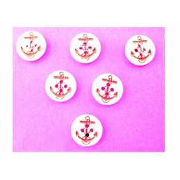 LOT 6 BOUTONS ACRYLIQUES : rond blanc motif ancre rouge 13mm 