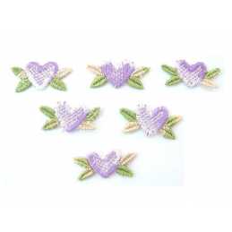 LOT 6 APPLIQUES TISSUS :  coeur mauve/blanc/vert 27*14mm 