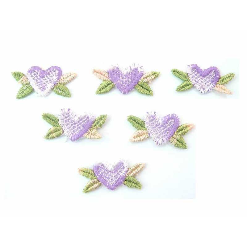 LOT 6 APPLIQUES TISSUS :  coeur mauve/blanc/vert 27*14mm 