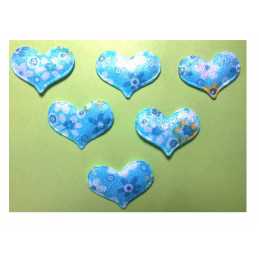 LOT 6 APPLIQUES TISSUS  : coeur bleu fleuri 34*25mm 