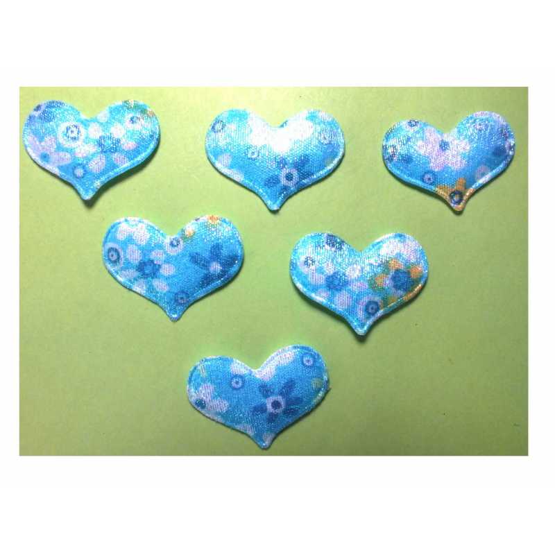 LOT 6 APPLIQUES TISSUS  : coeur bleu fleuri 34*25mm 