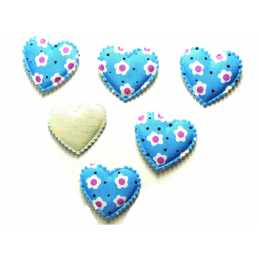 LOT 6 APPLIQUES TISSU : coeur motif fleur bleu 35*30mm 