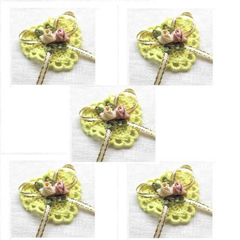 LOT 5 APPLIQUES TISSUS  : coeur avec rose couleur jaune 40*40mm  