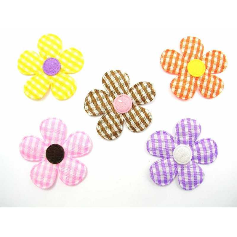 LOT 5 APPLIQUES TISSUS  : fleur 5 couleurs 35mm (05) 