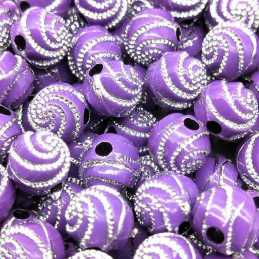 PERLES ACRYLIQUES : 25 rondes mauves motif spirales brillantes 7mm 