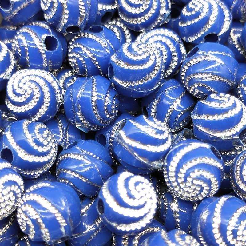 PERLES ACRYLIQUES : 25 rondes bleues motif spirales brillantes 7mm 