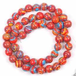 PERLES MALACHITE SYNTHETIQUE : 90 rondes rayures rouge bleu orange 4mm 