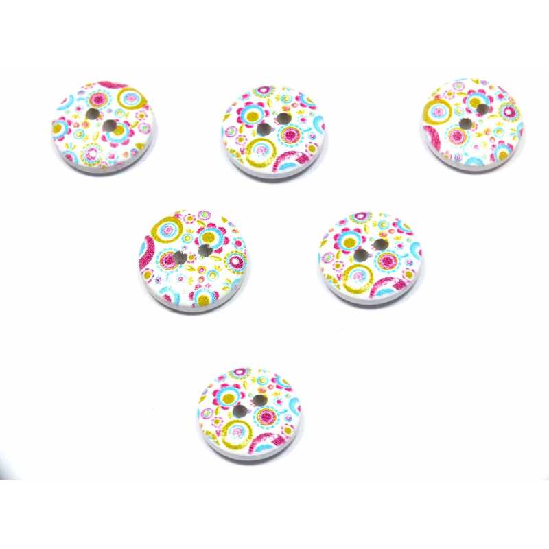 LOT 6 BOUTONS BOIS : rond motif fantaisie 25mm (05) 