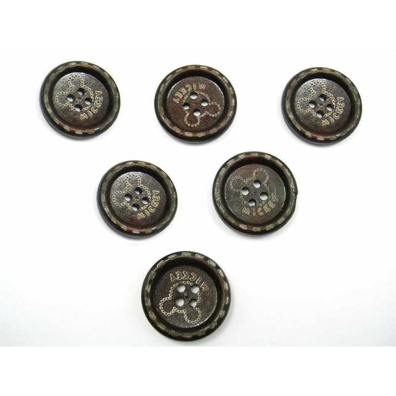 LOT 6 BOUTONS BOIS : rond motif fantaisie marron 25mm (05) 