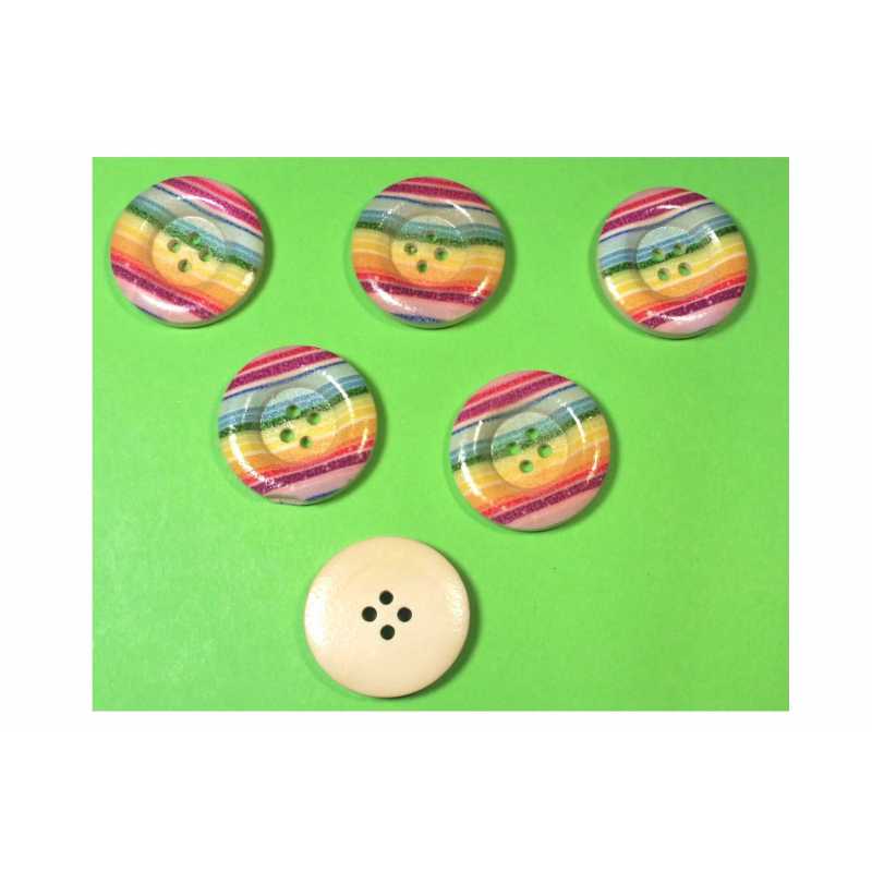 LOT 6 BOUTONS BOIS : rond motif fantaisie 25mm (03) 
