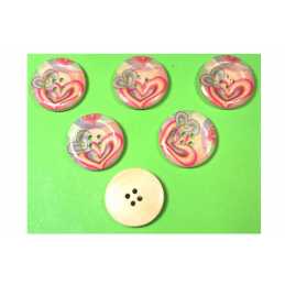 LOT 6 BOUTONS BOIS : rond motif coeur 25mm (01) 