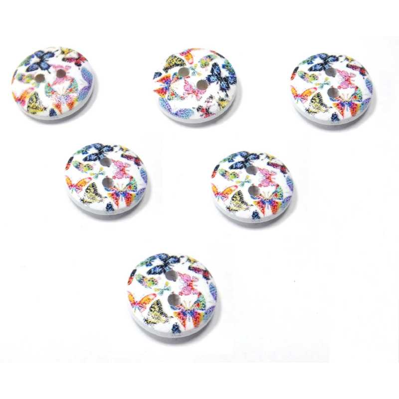 LOT 6 BOUTONS BOIS : rond motif papillon 25mm (01) 