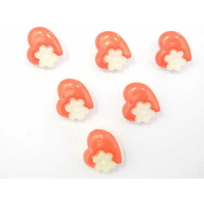 LOT 6 BOUTONS ACRYLIQUES : coeur orange + fleur blanche 14mm 