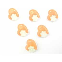 LOT 6 BOUTONS ACRYLIQUES : coeur saumon + fleur blanche 14mm 