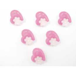LOT 6 BOUTONS ACRYLIQUES : coeur rose clair +  fleur blanche 14*14mm 