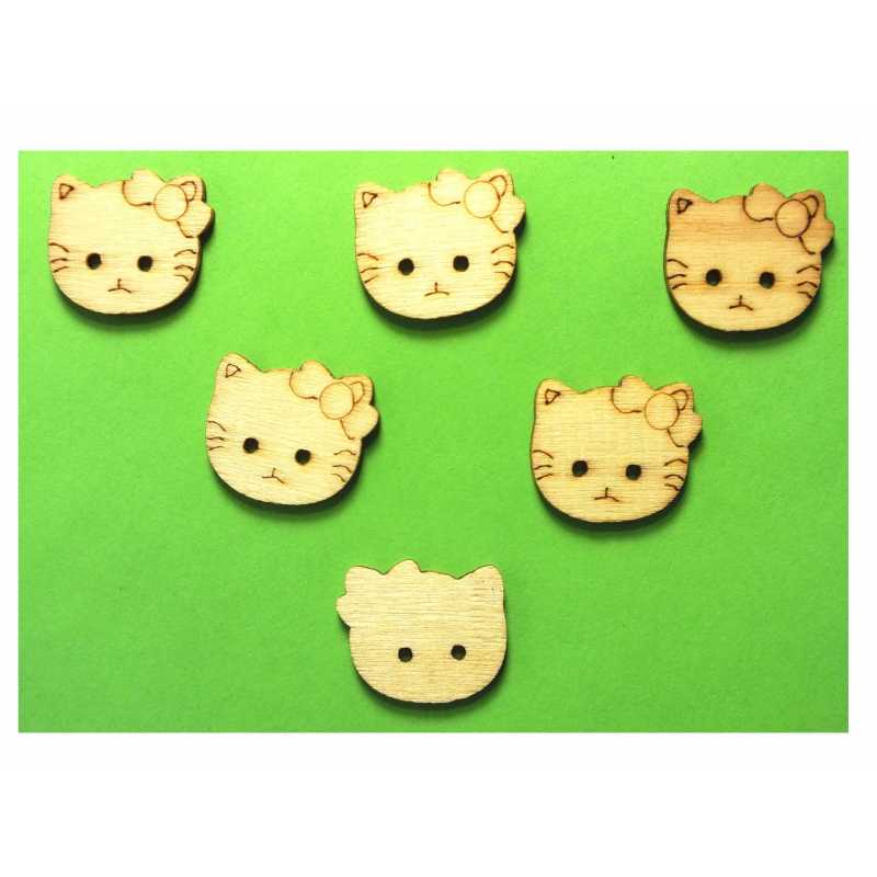  LOT 6 BOUTONS BOIS : tete de chat 18*16mm (01) 