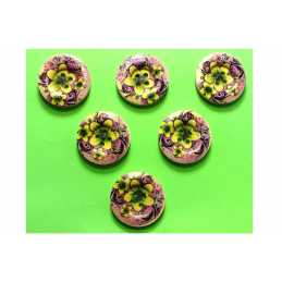 LOT 6 BOUTONS BOIS : rond motif fleur 25mm (10) 