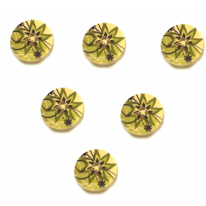 LOT 6 BOUTONS BOIS : rond motif fleur 25mm (01) 