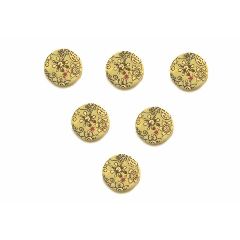 LOT 6 BOUTONS BOIS : rond motif fleur 25mm (03) 