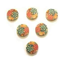 LOT 6 BOUTONS BOIS : rond motif fleur 25mm (04) 