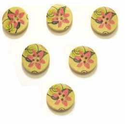 LOT 6 BOUTONS BOIS : rond motif fleur 25mm (05) 