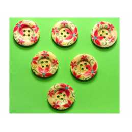 LOT 6 BOUTONS BOIS : rond motif fleur 25mm (07) 