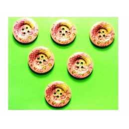 LOT 6 BOUTONS BOIS : rond motif fleur 25mm (08) 