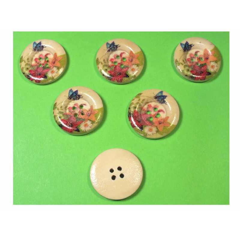 LOT 6 BOUTONS BOIS : rond motif fleur 25mm (13) 