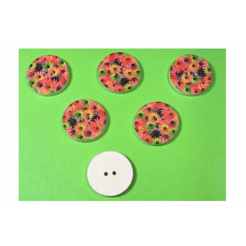 LOT 6 BOUTONS BOIS : rond motif fleur 20mm (02) 
