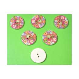 LOT 6 BOUTONS BOIS : rond motif fleur 20mm (04) 