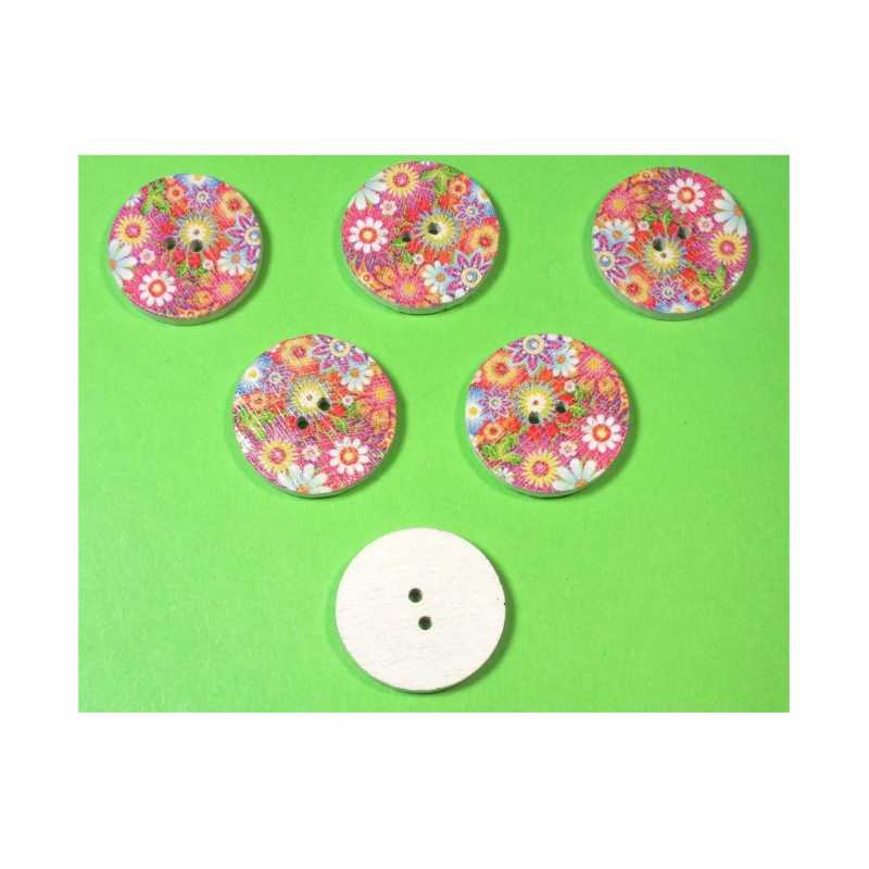 LOT 6 BOUTONS BOIS : rond motif fleur 20mm (04) 
