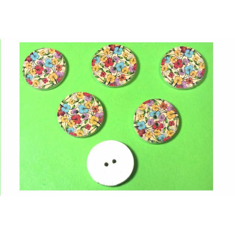 LOT 6 BOUTONS BOIS : rond motif fleur 20mm (05) 