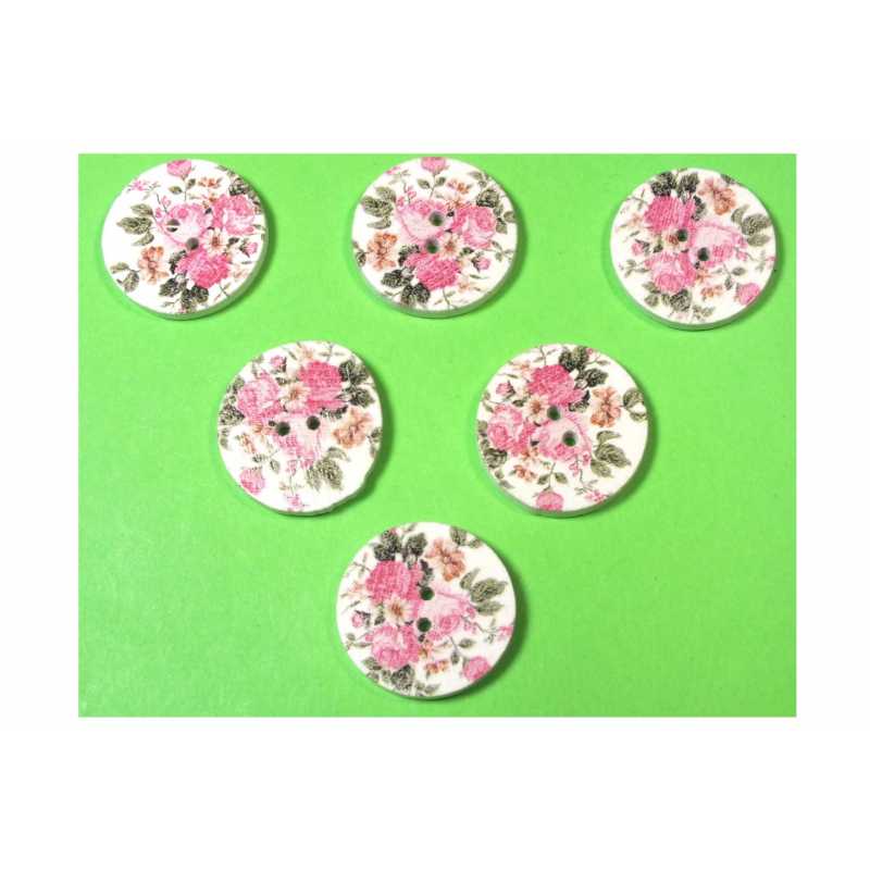 LOT 6 BOUTONS BOIS : rond motif fleur 20mm (06) 