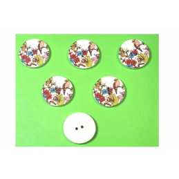 LOT 6 BOUTONS BOIS : rond motif oiseau 20mm (01) 