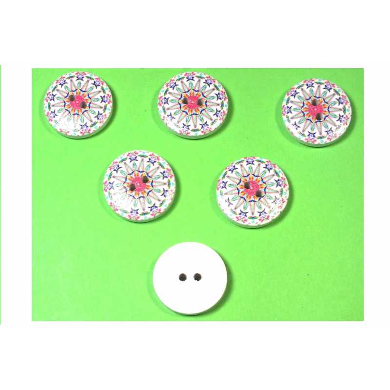 LOT 6 BOUTONS BOIS : rond motif fantaisie 20mm (09) 