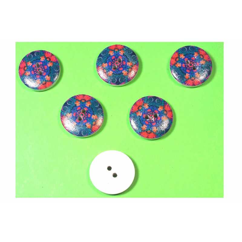 LOT 6 BOUTONS BOIS : rond motif fantaisie 20mm (02) 