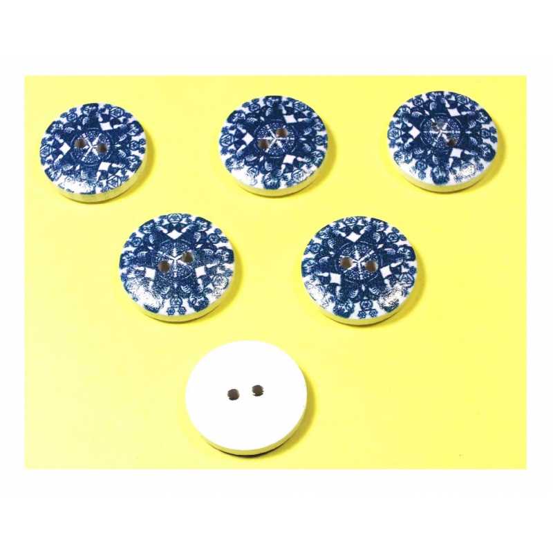 LOT 6 BOUTONS BOIS : rond motif fantaisie 20mm (04) 