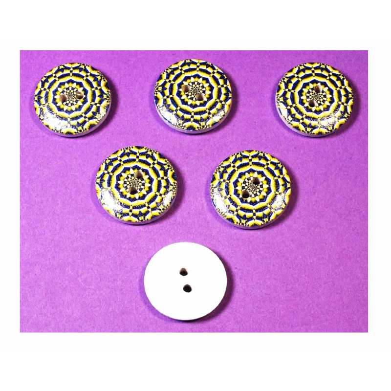 LOT 6 BOUTONS BOIS : rond motif fantaisie 20mm (03) 