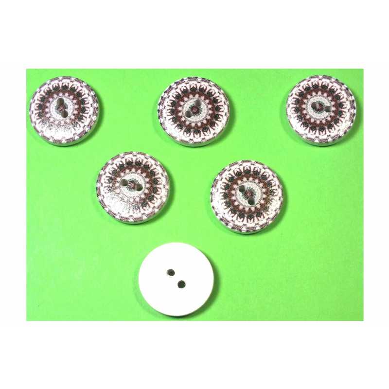 LOT 6 BOUTONS BOIS : rond motif fantaisie 20mm (08) 