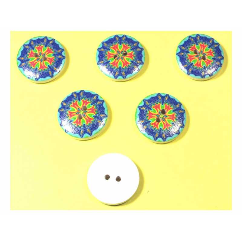 LOT 6 BOUTONS BOIS : rond motif fantaisie 20mm (07) 