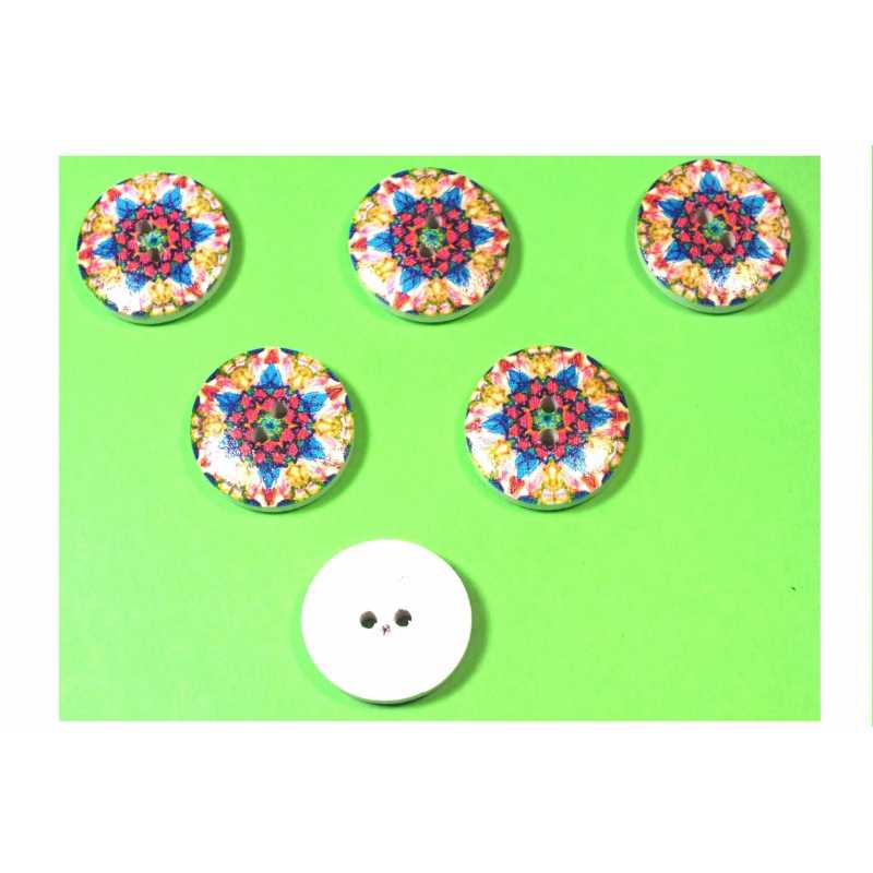 LOT 6 BOUTONS BOIS : rond motif fantaisie 20mm (06) 