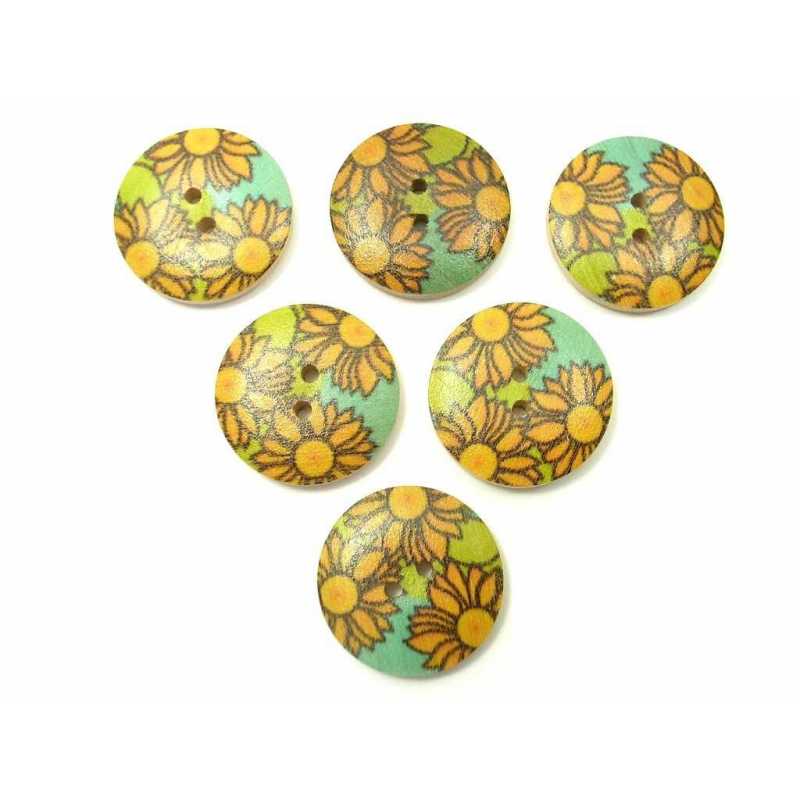 LOT 6 BOUTONS BOIS : rond motif marguerite 23mm (01) 