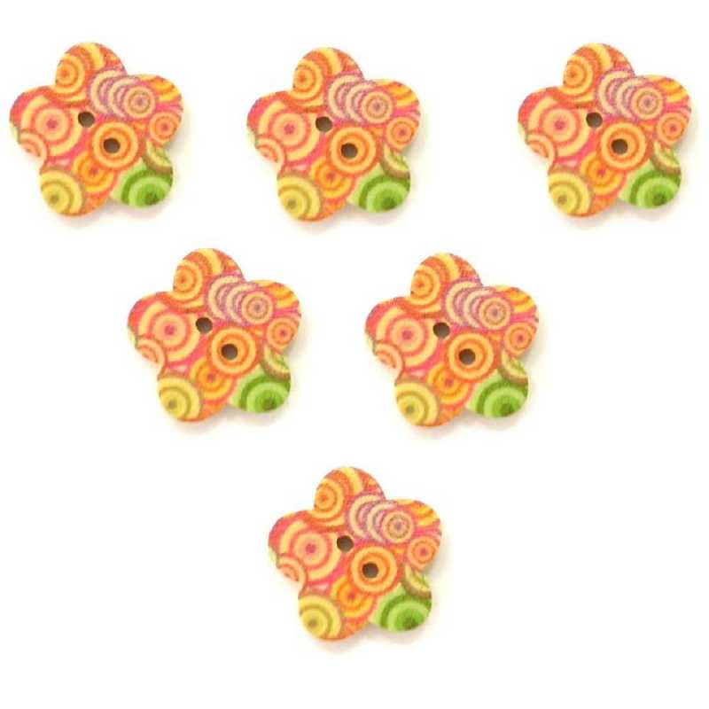 LOT 6 BOUTONS BOIS : fleur motif cercles 17mm (01) 