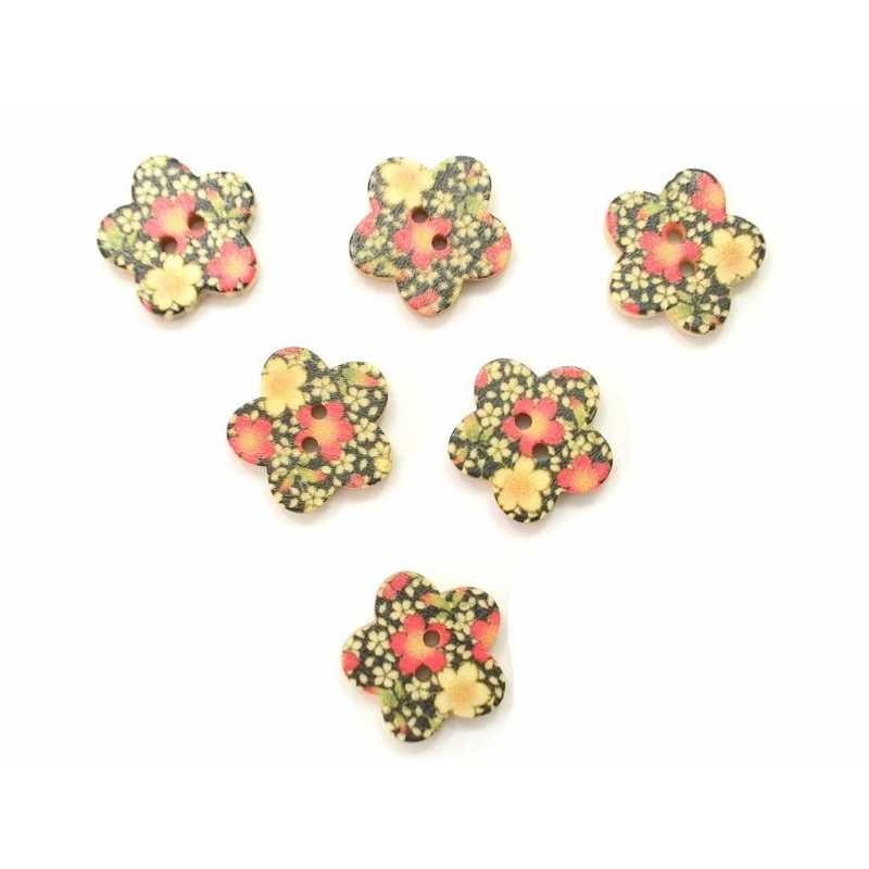 LOT 6 BOUTONS BOIS : fleur motif fleur 17mm (08) 