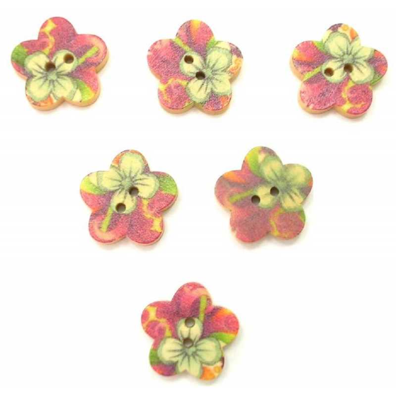 LOT 6 BOUTONS BOIS : fleur motif fleur 17mm (09) 