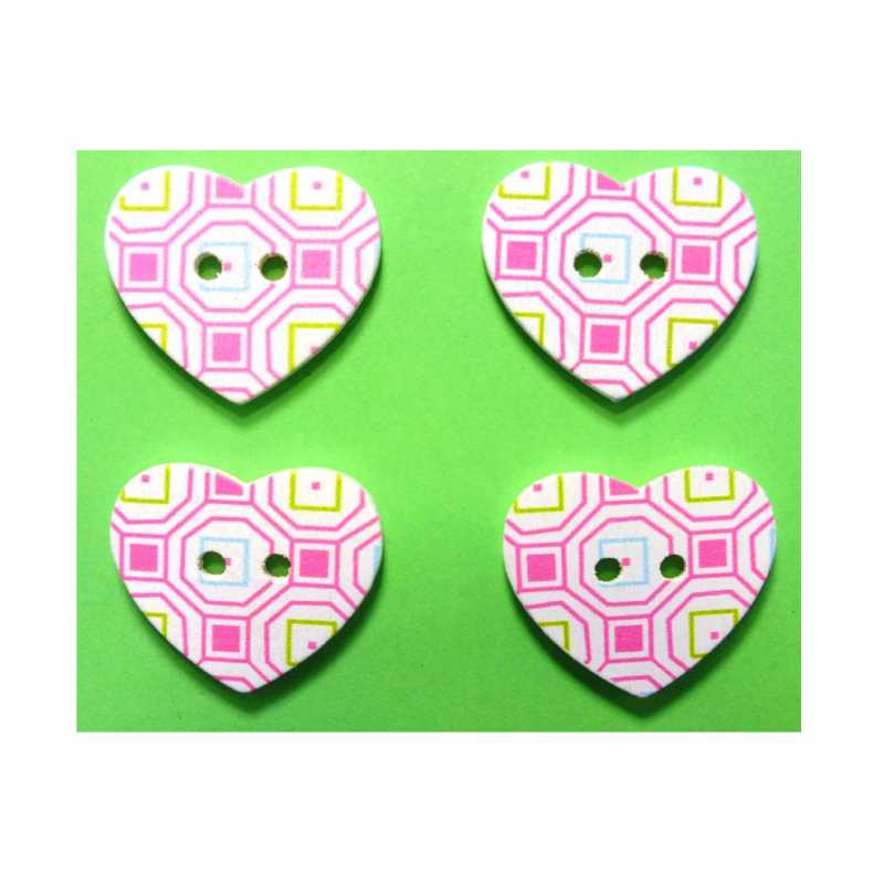 LOT 4 BOUTONS BOIS : coeur motif fantaisie 24*22mm (02) 