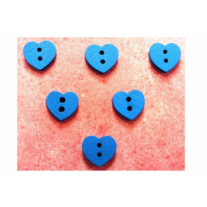 LOT 6 BOUTONS BOIS : coeur bleu 15*13mm (04) 