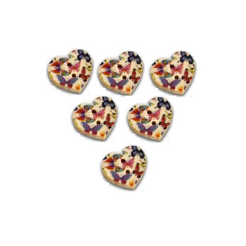 LOT 6 BOUTONS BOIS : coeur motif papillon 17mm (02) 